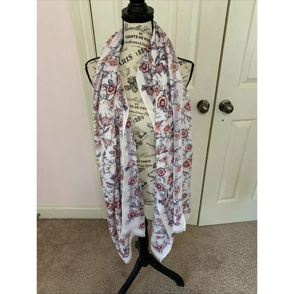 Ann Taylor LOFT Floral Print Raw Hem Scarf Shawl Beige Red Purple 26X74 NWT - Picture 5 of 7